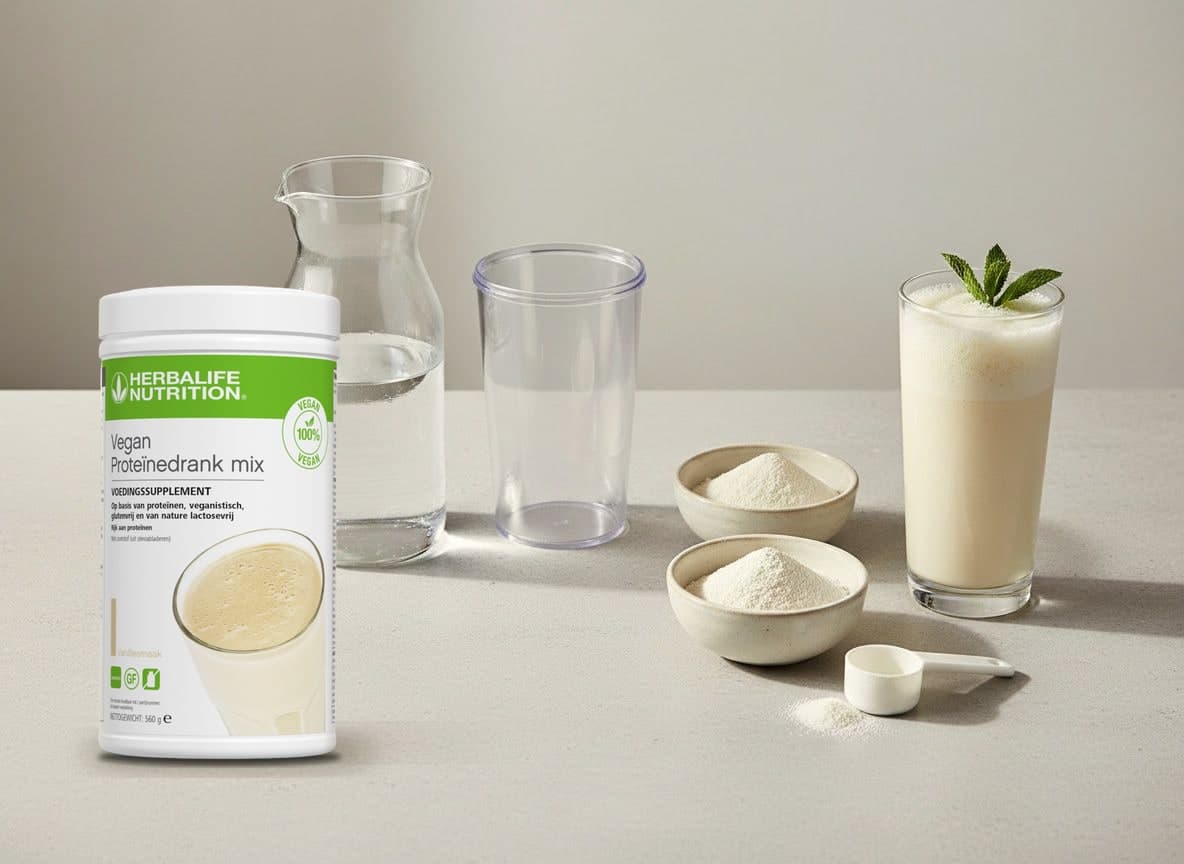 Pot Herbalife Vegan Proteïnedrank mix naast een karaf koud water, een lege beker, twee schaaltjes poeder, een maatschep en een glas vanilleshake met munt