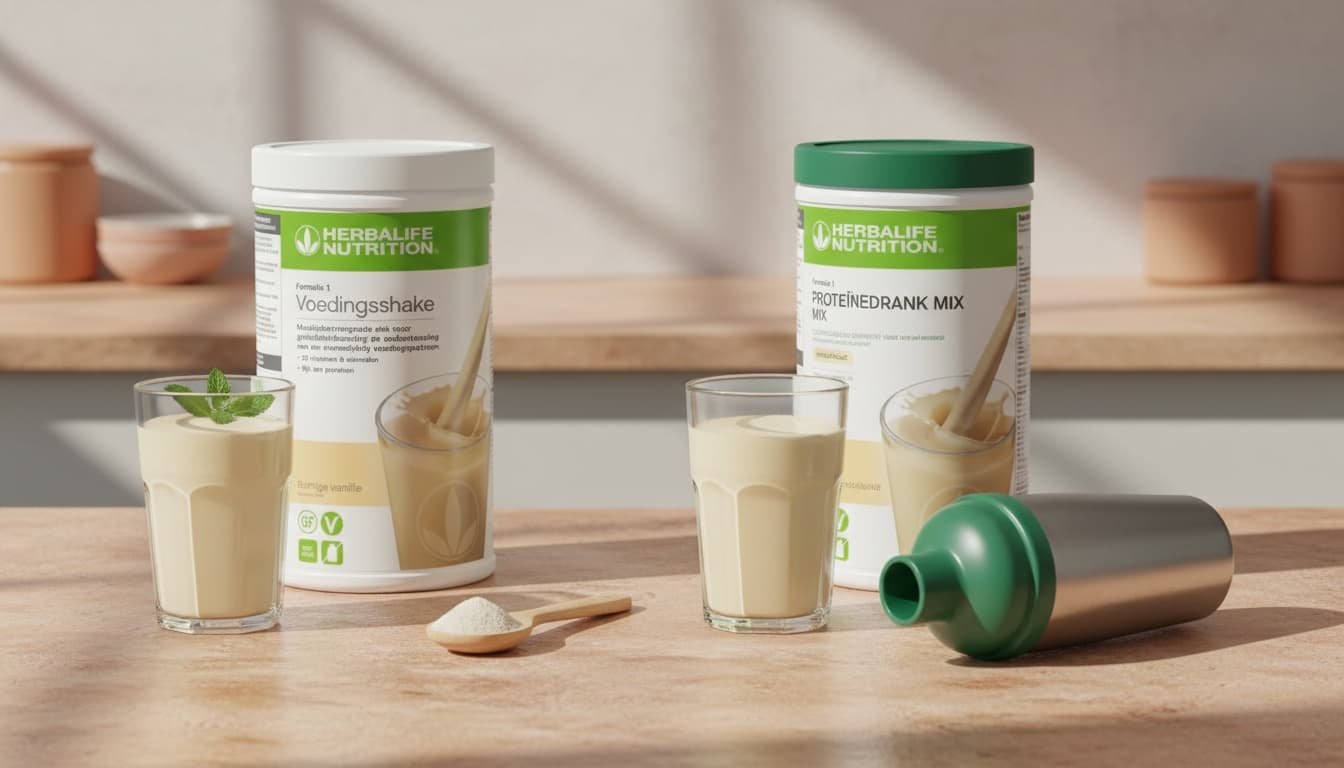 Formula 1 Boisson nutritionnelle Vanille onctueuse et Mélange pour boisson protéinée côte à côte sur un plan de travail, avec deux shakes à la vanille et un shaker