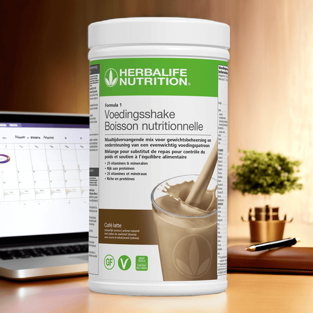 Herbalife Formule 1 Café Latte shake op een werkbureau, ochtendlicht