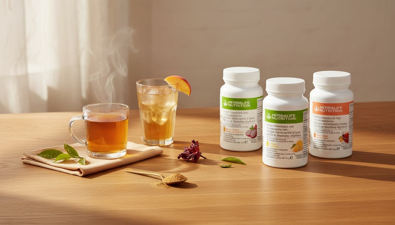 Boisson instantanée à base de thé Herbalife Pêche à côté d'un verre de thé chaud et d'une demi-cuillère à café de poudre
